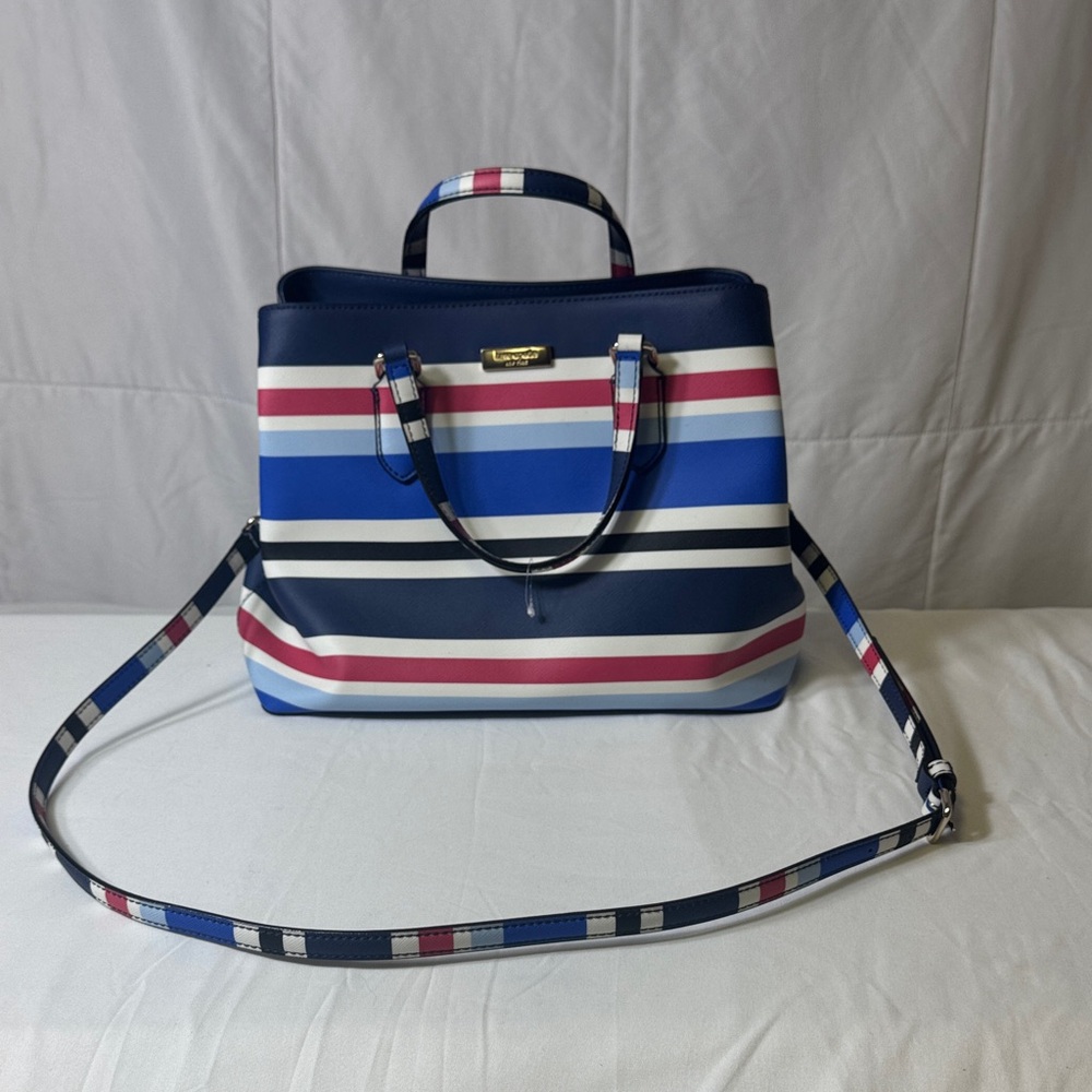 Kate‎ Spade New York Striped Satchel Tote Crossbody Bag Navy Rose White Blue